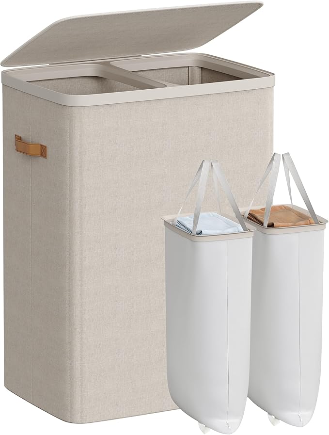 SONGMICS Laundry Basket, 44.9 Gal. Laundry Hamper, 2 Compartments, Easy Assembly, with Lid and Handles, Removable Liners, 22 x 15.7 x 29.5 Inches, Cappuccino Beige ULCB813L01