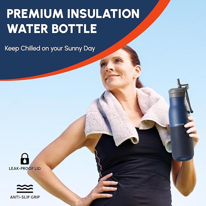 Insulated Stainless Steel Water Bottles with Straw, Wall Vacuum Insulated Water Bottle for Gym Traveling Camping Hiking Outdoor Activity(2 Cleaning Brushes+1 Carabiner, 18 oz Blue)