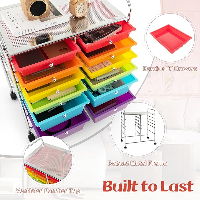 GOFLAME 12-Drawer Rolling Storage Cart, Multipurpose Organizer Cart with 2 Sizes Plastic Drawers, Mobile Utility Cart with Lockable Casters for School, Home Office, Beauty Salon, Multicolored