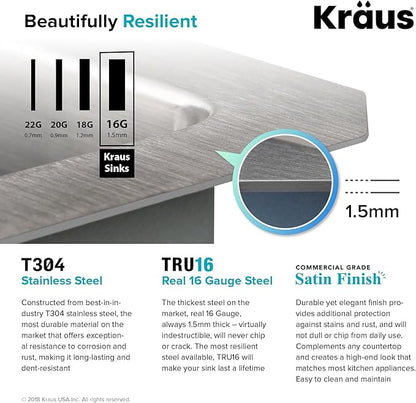 Kraus Kitchen Sinks Undermount - 33 Inch Stainless Steel Kitchen Sink, 60/40 Double Bowl, 16 Gauge, Model KHU103-33