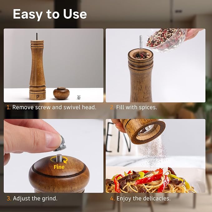 Wooden Salt and Pepper Grinder Set, Premium Oak Wood Salt Grinders Shakers - Image 4