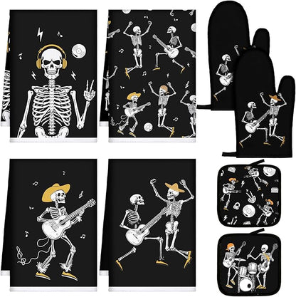 Leinuosen 8 Pcs Skull Kitchen Decor Set Kitchen Towels Gothic Oven Mitts and by Leinuosen