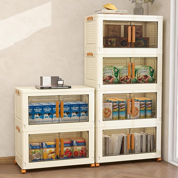 Plastic Stackable Storage Bins with Lids and Wheels, Foldable Closet Organizers and Storage Containers for Bathroom, Collapsible Clear Drawer Storage Cabinet with Doors White 11.4Gal 4Tiers