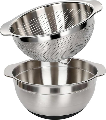 304 Stainless Steel Colander, 2.5 QT Capacity and 2.5 QT Mixing Bowl, Micropore by Qimh