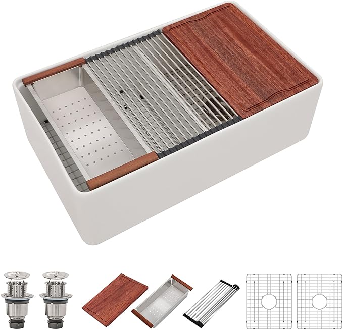 Dcolora 33 Inch White Farmhouse Sink Double Bowl 50/50 Workstation Country Farm Barn Kitchen Sink Flat Apron Front White Fireclay Ceramic Porcelain Sinks, 33x20x10, DC-A7767