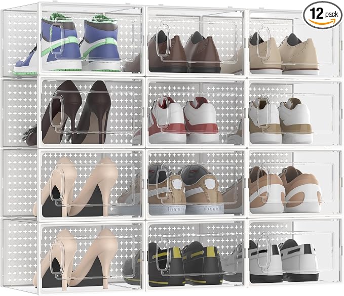 12 Pack Large Modular Clear Plastic Stackable Shoe Storage Organizer by FJFEOIYE