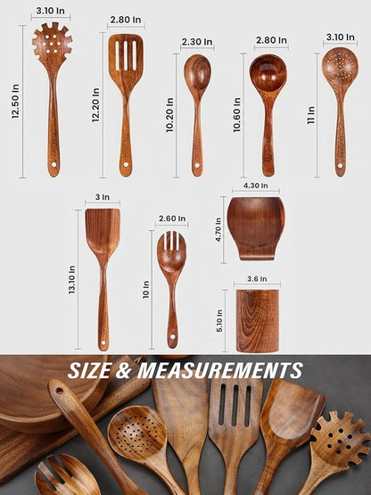 9-Piece Teak Wooden Kitchen Utensil Set – Nonstick Safe Cooking Spoons & - Image 4