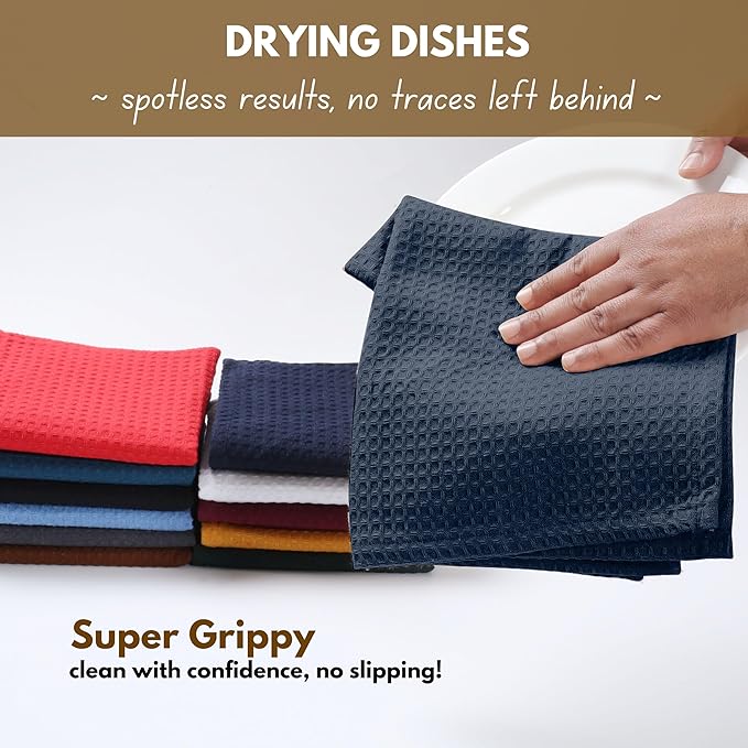 Native Fab Cotton Kitchen Towel with Hanging Loop 16x26 inches, 4-Pack, Waffle Weave Kitchen Towels for Cleaning Drying, Washcloths Soft & Absorbent Cloth Rags, Bar Towel, Dish Cloth, Navy