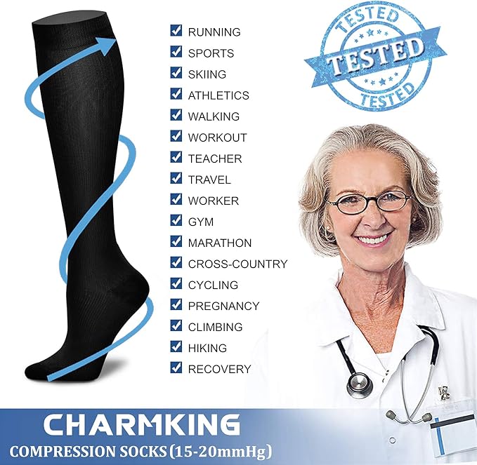 CHARMKING Compression Socks for Women & Men Circulation (3 Pairs) 15-20 mmHg is Best Support for Athletic Running Cycling