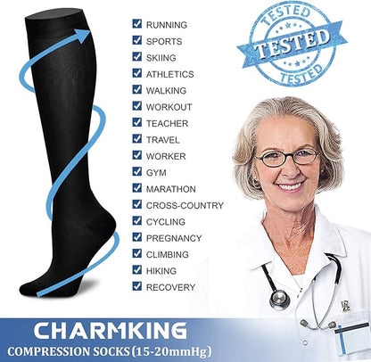 CHARMKING Compression Socks for Women & Men Circulation (3 Pairs) 15-20 mmHg is Best Support for Athletic Running Cycling