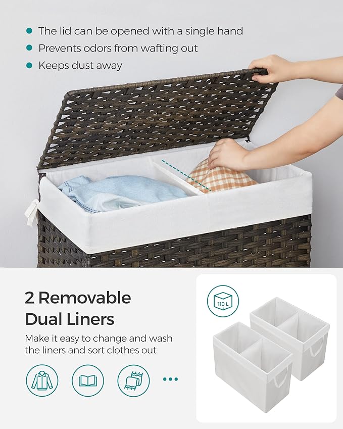 SONGMICS Laundry Hamper with Lid, 110L Clothes Hamper with 2 Removable Liner Bags, 6 Mesh Bags, Wicker Laundry Basket, Double Laundry Hamper for Bathroom, 13 x 22.4 x 23.6 Inches, Brown ULCB052K02