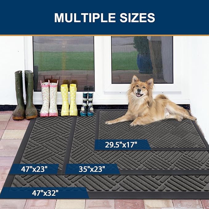 Smiry Front Door Mat Outside Entrance, Heavy Duty Outdoor Indoor Natural Rubber Doormat, Non Slip, Trap Dirt and Moisture, Easy Clean, Low Profile Patio Porch Entryway Mat, 59x20, Grey