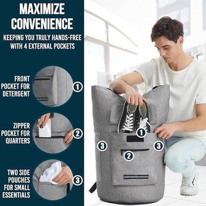 Laundry Bag Extra Large Heavy Duty, 115L Laundry Backpack, College Laundry Bag with Straps, Backpack Laundry Bags with 4 Pockets, Dorm Essential, Laundry Bags for Dorm Room, Apartment, Laundromat