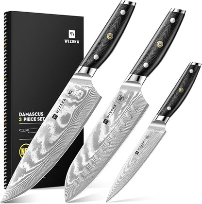 WIZEKA Damascus Chef Knife Set: 3 PCS, Super Sharp Kitchen Knives: Made of by WIZEKA
