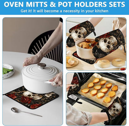 Halloween Skull Rose Crow Oven Mitts and Pot Holders Sets Heat Resistant 4Pcs - Image 6