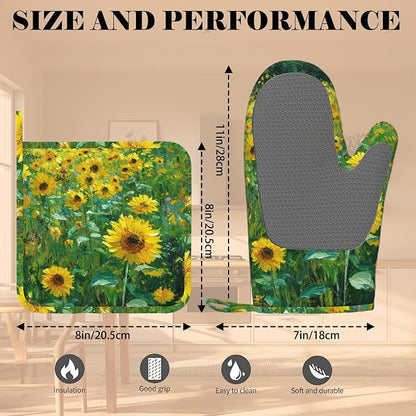 Vintage Sunflower Oven Mitts and Pot Holders Sets Flower Oil Painting Silicone - Image 3