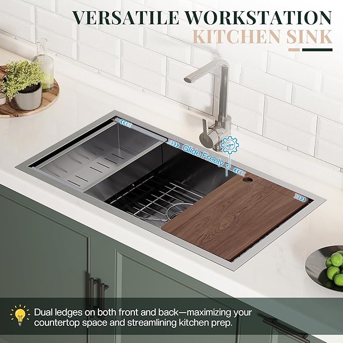 44.3-Inch Undermount Kitchen Sink Workstation, 16 Gauge 304 Stainless Steel Single Bowl Kitchen Sink with Cutting Board, Drying Rack, Roll-Up Rack and Drain Assembly