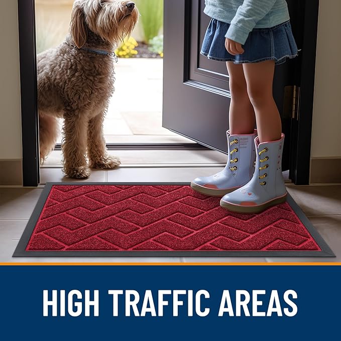 OLANLY Front Door Mat Indoor Outdoor Entrance, Waterproof All-Season, All-Weather Doormat, Sturdy Natural Rubber, Low Profile, Easy Clean Patio Porch Entryway Mat, Herringbone Brick (Wine Red, 47x32)