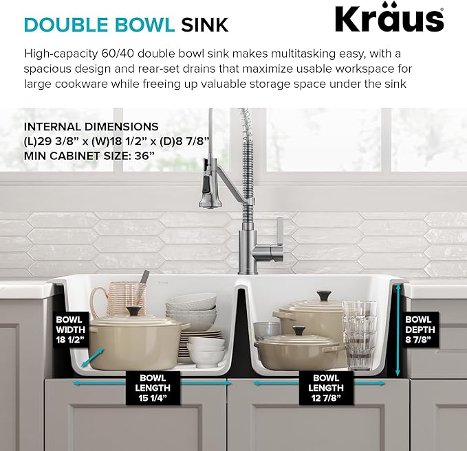 KRAUS Forteza 33-inch Granite Drop In/Undermount 60/40 Double Bowl White Kitchen Sink, KGD-50WHITE