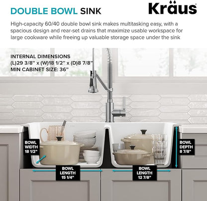 KRAUS Forteza 33-inch Granite Drop In/Undermount 60/40 Double Bowl White Kitchen Sink, KGD-50WHITE