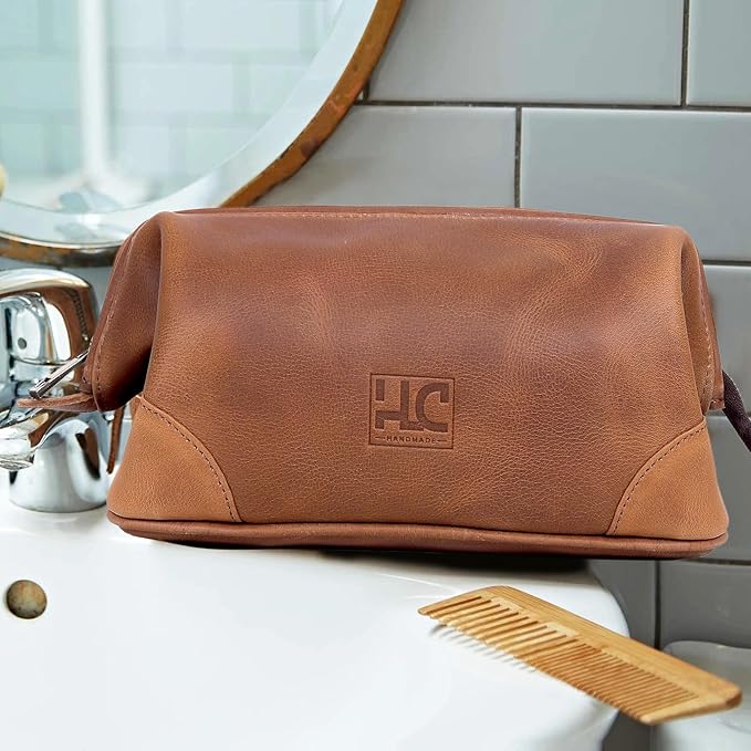 HLC Leather Toiletry Bag for Men - Best Gift for Men - Premium Genuine Leather Dopp Kit Shaving Kit Organizer Travel Kit Pouch Bag for Men - Large Size (Tan)