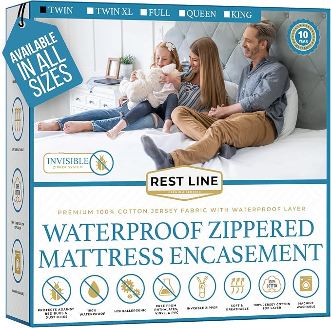 Twin Size 39x75” Premium Waterproof Zippered Mattress Encasement, 100% Cotton by RestLine