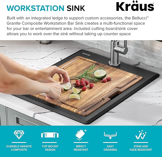 KRAUS Bellucci 18-inch Granite Workstation Drop In Top Mount Single Bowl Kitchen Sink in Metallic Black with Accessories, KGTW12-18MBL