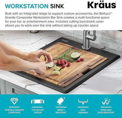 KRAUS Bellucci 18-inch Granite Workstation Drop In Top Mount Single Bowl Kitchen Sink in Metallic Black with Accessories, KGTW12-18MBL