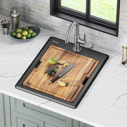 KRAUS Bellucci 18-inch Granite Workstation Drop In Top Mount Single Bowl Kitchen Sink in Metallic Black with Accessories, KGTW12-18MBL