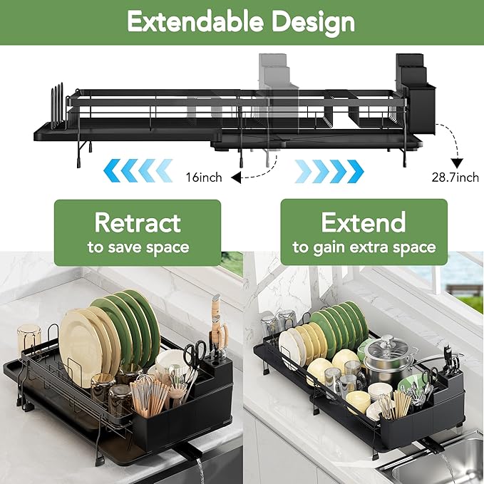 ROTTOGOON Expandable Dish Drying Rack,Multifunctional Adjustable Dish Drainer with Swivel Spout and Anti-Rust Dish Rack with Removable Cutlery & Cup Holders for Kitchen Counter,Black