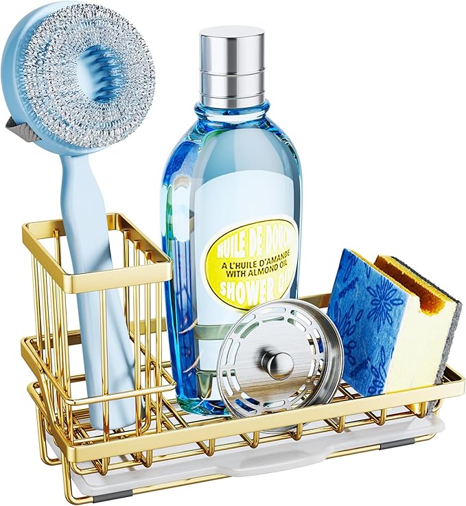 SWTYMIKI Sink Caddy Kitchen Sink Organizer with Detachable Brush Holder, Stainless Steel Sponge Holder with Removable Drip Tray Sponge Caddy for Kitchen Countertop, Gold