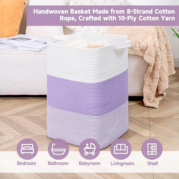 CLHMILY&Z 95L Laundry Basket Rectangular Lavender Rope - 16x15x24 Inches - Dirty Clothes and Soft Storage Bin for Blankets, Toys, and Nursery Essentials