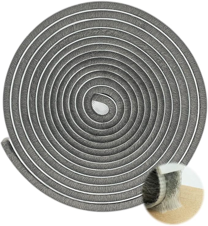 Fuzzy Weatherstripping for Window and Door Frame Side, Pile Self Adhesive Brush Weather Strip Seal Strip Sealer Felt Insulation (16ft x11/32 Backing x 9/16 Brush inch, Grey)