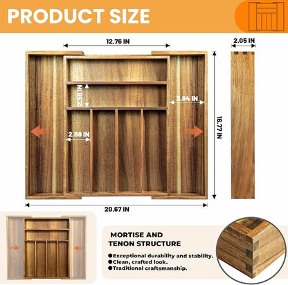 KITEISCAT Acacia Wood Expandable Silverware Organizer, Kitchen Utensil Drawer - Image 2