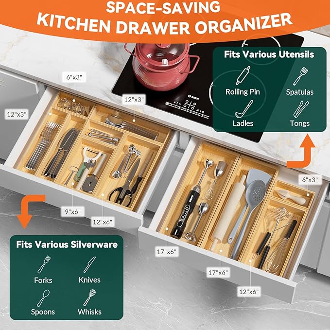 Bamboo Drawer Organizer for Kitchen & Bath, Extra Large Stackable Tray for - Image 4