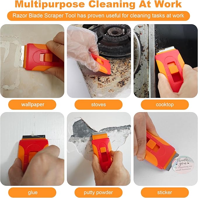 Upgraded Razor Blade Scraper with 10pcs Blades and 3Pcs small wire brushes,Scraper Tool for Cleaning Glass Window, Cooktop, Oven, Stove Scraper, Razor Scraper with Buit-In Blade Storage, Orange