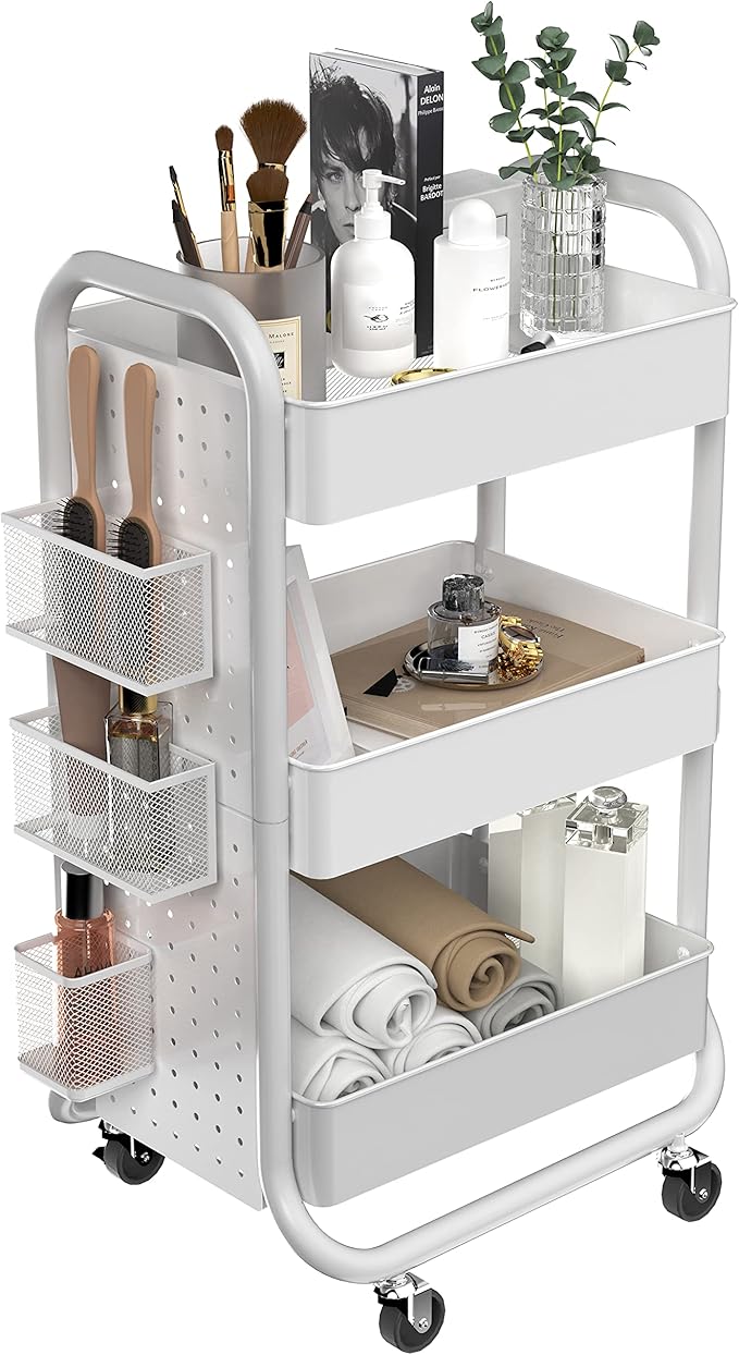 DESIGNA 3-Tier Rolling Cart, Utility Cart with Handle, Extra 3 Storage Accessories, Removable Pegboard, Easy Assembly Craft Carts for Kitchen, Bathroom, Office, Metal, White