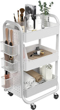 DESIGNA 3-Tier Rolling Cart, Utility Cart with Handle, Extra 3 Storage Accessories, Removable Pegboard, Easy Assembly Craft Carts for Kitchen, Bathroom, Office, Metal, White