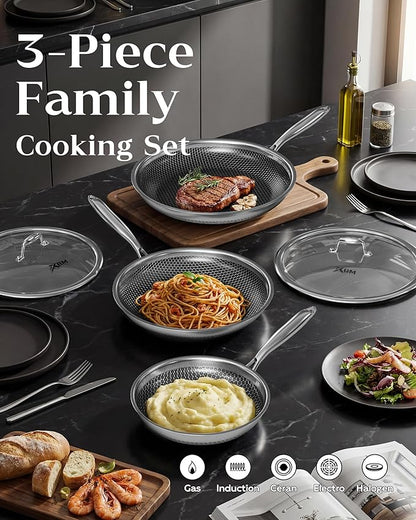 Nonstick Frying Pan Set, 8+10+12 Inch, Honeycomb Stainless Steel Skillet Pans - Image 2
