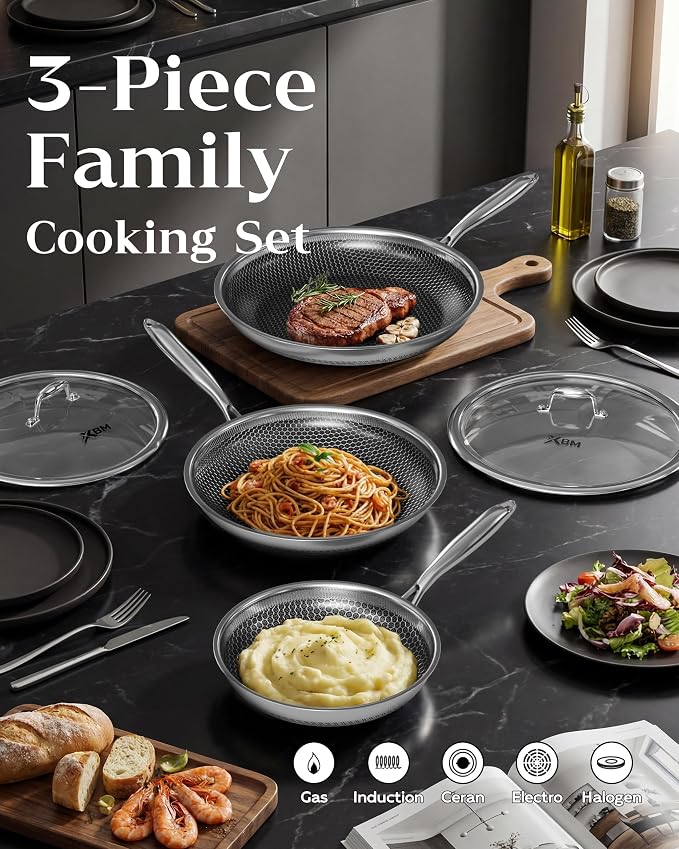 Nonstick Frying Pan Set, 8+10+12 Inch, Honeycomb Stainless Steel Skillet Pans - Image 2