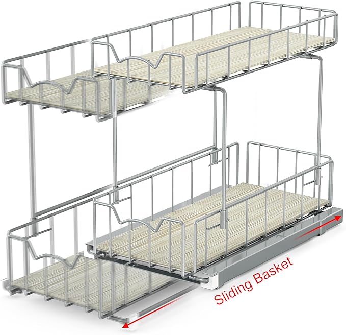 Simple Houseware 2-Tier Spice Rack Slide Out Wire Basket Drawer Organizer, Silver