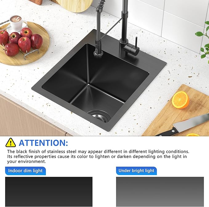 13 x 15 inch Drop in Bar Sink Black, Small Topmount Kitchen Sink Single Bowl 18 Gauge Handmade Wet Bar Sink with Drain