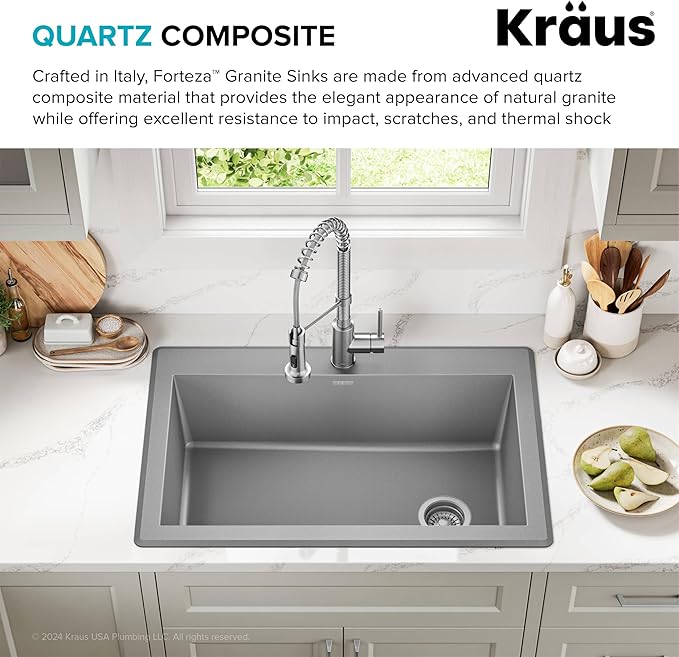 KRAUS Forteza 33-inch Drop In/Undermount Single Bowl Granite Kitchen Sink in Grey, KGD-54GREY
