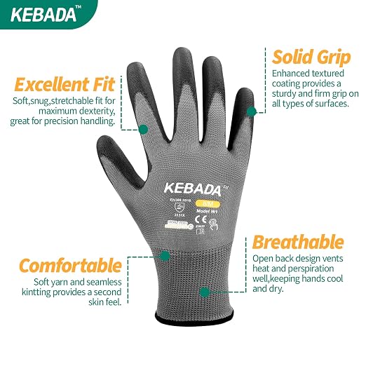 Kebada W1 Work Gloves for Men and Women, Touchscreen PU Coated Gloves - Image 2
