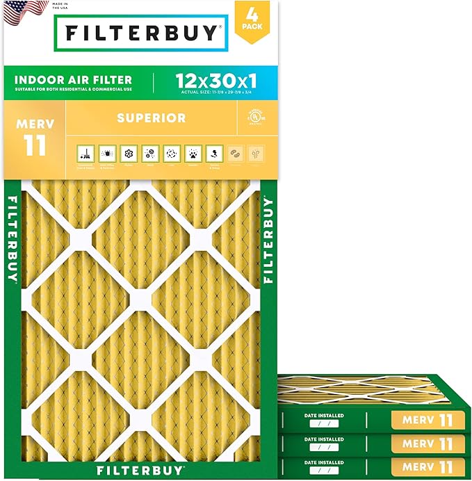 Filterbuy 12x30x1 Air Filter MERV 11 (MPR 1200) Allergen Defense Replacement (4-Pack), Electrostatic Pleated HVAC AC Furnace Filters, Made in USA (Actual Size: 11.88 x 29.88 x 0.75)