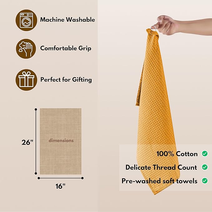 Native Fab Cotton Kitchen Towel with Hanging Loop 16x26 inches, 12-Pack, Waffle Weave Kitchen Towels for Cleaning Drying, Washcloths Soft & Absorbent Cloth Rags, Bar Towel, Dish Cloth, Mustard Yellow