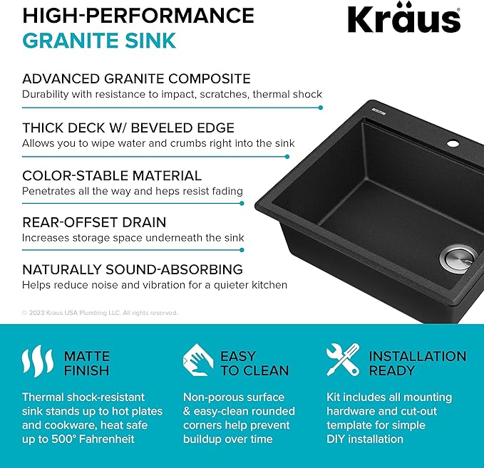 KRAUS Bellucci 25-inch Granite Workstation Drop In Top Mount Single Bowl Kitchen Sink in Metallic Black with Accessories, KGTW12-25MBL