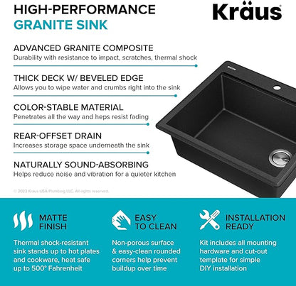 KRAUS Bellucci 25-inch Granite Workstation Drop In Top Mount Single Bowl Kitchen Sink in Metallic Black with Accessories, KGTW12-25MBL