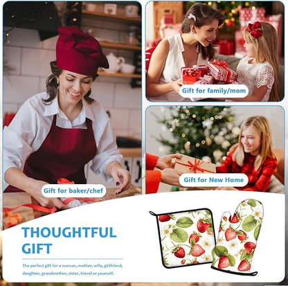 Red Strawberry Flower Oven Mitts and Pot Holders Sets Heat Resistant 4Pcs - Image 7