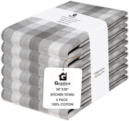Kitchen Towels Set of 6 Grey/White Checks 20x30 Inches 100% Cotton Highly by Gratico
